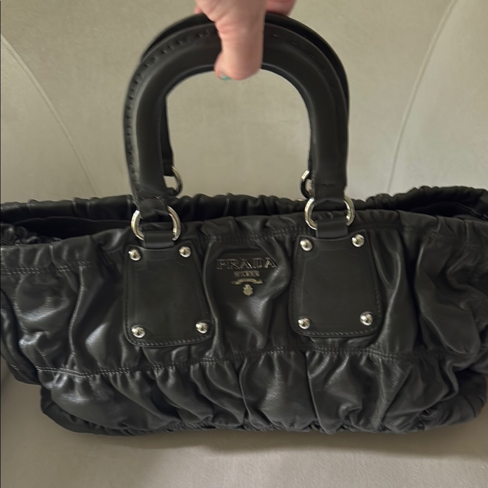 Prada Black Leather Shoulder Bag with Ruched Design
